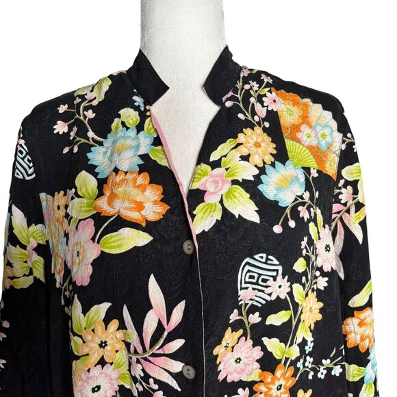 Silk Button Down Kimono Style Blouse Large Black Floral Mandarin Collar - Picture 2 of 6